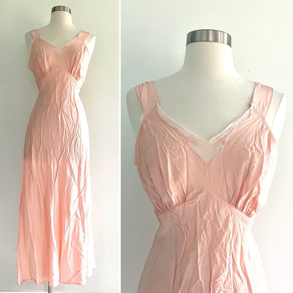 Vintage 30’s pale rose pink bias cut rayon slip dress nightie lingerie gown